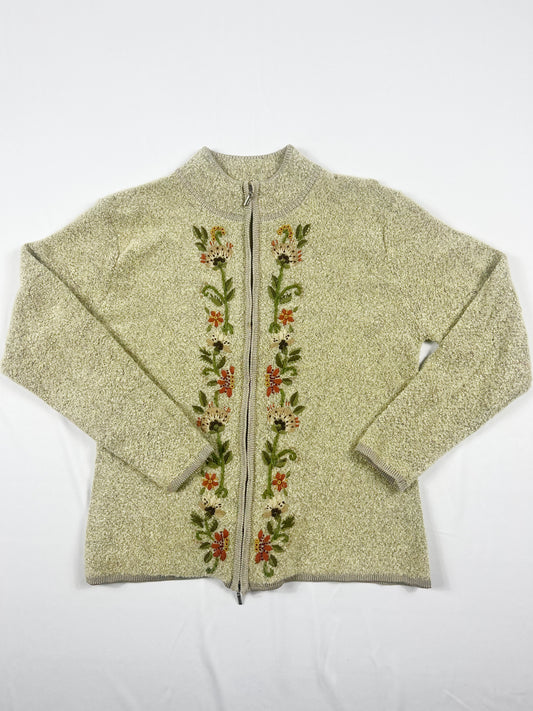Floral Embroidered Zip Up Sweater